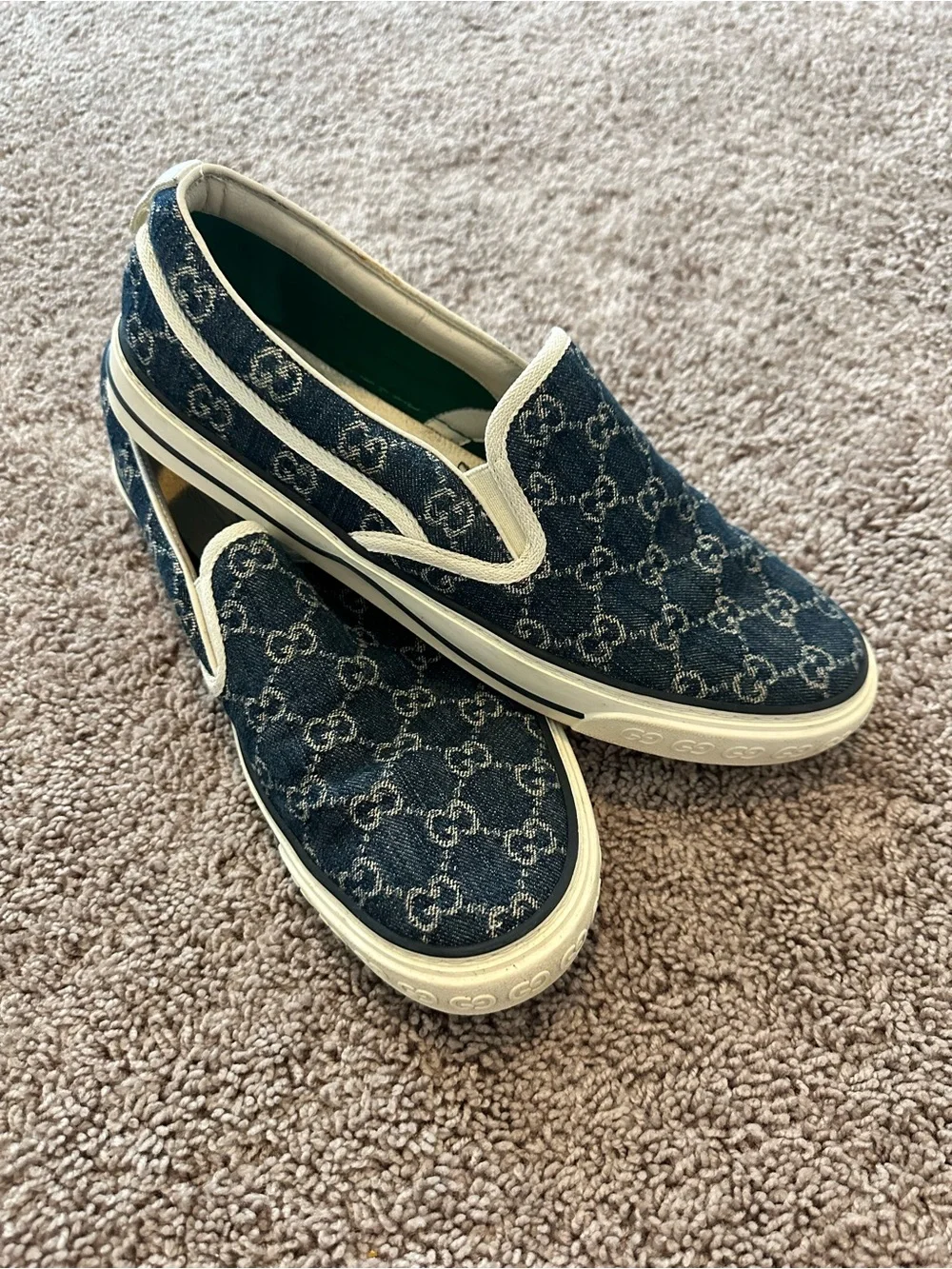 Gucci Navy Blue GG Logo Slip-On Loafers